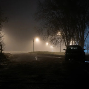 A foggy, dimly lit street at night with streetlights glowing and a car parked under trees