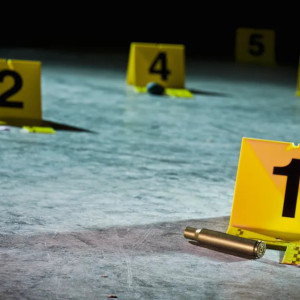 Numbered evidence markers on the ground, with a bullet casing in front of marker "1," suggesting a crime scene investigation