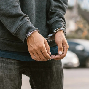 Person in casual clothing wearing handcuffs, standing outdoors