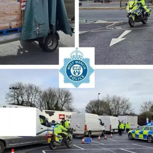 Images from a police operation to crack down on dangerous drivers./ppOne shows a HGV with the side open for inspection, another shows a police officer on a bike.